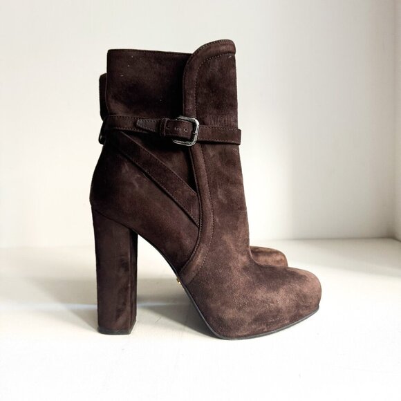 Prada Chocolate Brown Suede Classic Stacked Heel Booties 39.5 - Picture 9 of 11